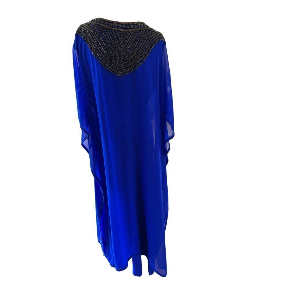 Royal blue women’s Islamic Kaftan black beaded embroidery wide long sleeve osfm - Picture 4 of 9